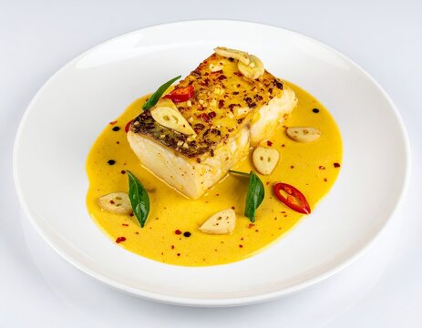Bacalao al Pil Pil showcases thick cod in a vibrant sauce from Spanish cuisine with garlic and peppers served on a white plate
