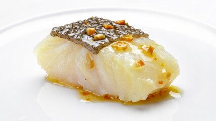 Firefly_Bacalao con Salsa de Trufa is a dish from Spanish cuisine served at a restaurant in Spain with a unique presentation using truffle sauce