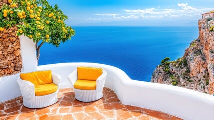 Obraz premium Seaside Terrace Serenity: Two inviting chairs on a sunny terrace overlooking a vast, sapphire sea and a majestic cliffside, offering a perfect blend of tranquility and scenic beauty.