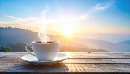 Serene Morning Coffee Scene with a Cup Overlooking a Beautiful Sunrise and Misty Mountains in the Background, Perfect for Relaxation and Inspiration