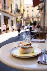 Firefly_Bacalao: Enjoying Spanish cuisine in a bustling street scene with sunny weather in the background
