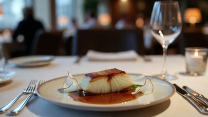 Firefly grilled fish in spanish cuisine served at a restaurant table during evening with guests dining