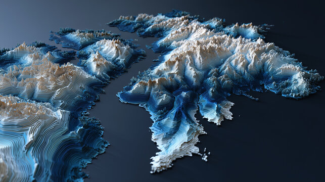 Modern Greenland map rendered in a clean minimalist style, crisp coastlines and icy contours, subtle topographic shading, cool blue and white color palette, isolated on a dark back