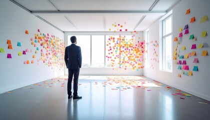 Businessman in Suit Contemplating Colorful Sticky Notes on Wall in Modern Office Space with Bright Natural Light and Minimalist Design