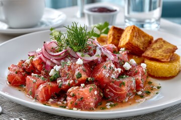 Firefly_salmon salad with onions and potatoes served at a Spanish restaurant in the afternoon