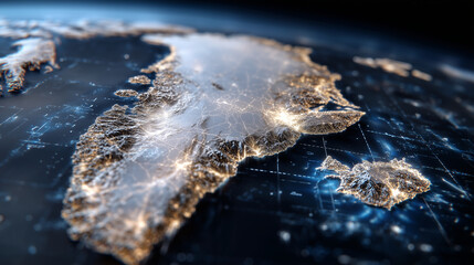 Elegant modern Greenland map on a textured dark background, glowing white landmass, subtle grid lines, premium editorial design, minimalist cartography with dramatic contrast