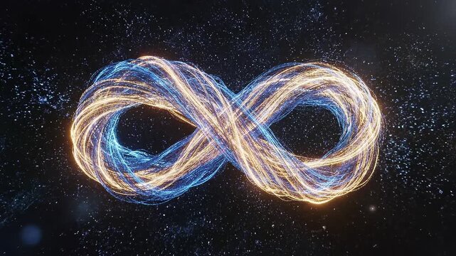 Quantum Computing Breakthroughs concept. Infinity symbol made of light against a dark background.