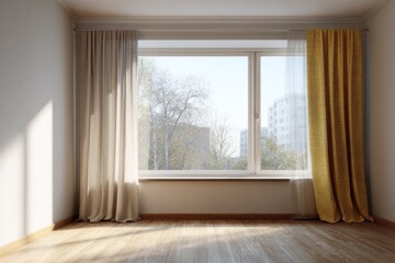 Fototapeta premium Empty interior room featuring large window with contrasting drawn curtains and bright sunlight