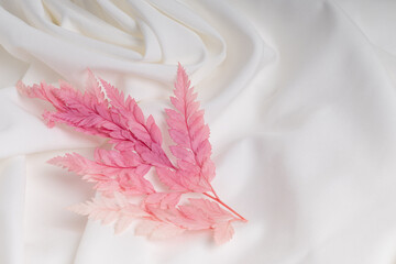 Minimalist background, card on soft silky white fabric with pink dried flowers.