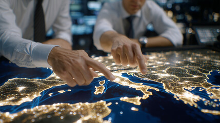 Close-up of analysts reviewing a digital maritime map filled with glowing routes, port symbols, and vessel data, hands gesturing toward key logistics corridors, global shipping opt