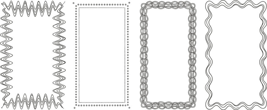 vector illustration of four decorative rectangular frames with zigzag, dotted, rope, and wavy borders for design use