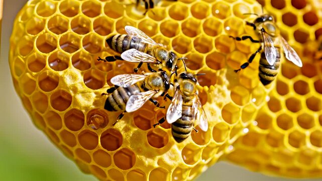 Honeybees working on golden honeycomb cells with fresh nectar showing natural pollination process detailed structure and organic productivity