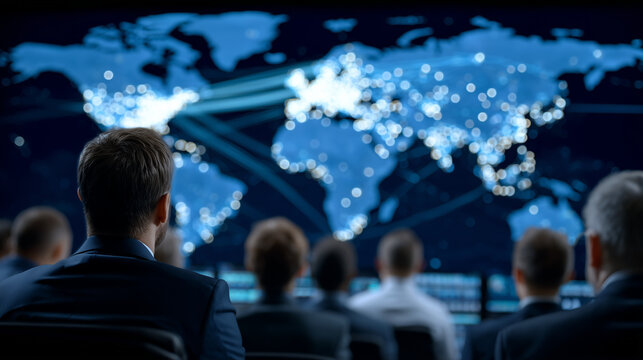 Global logistics briefing scene with analysts standing before a digital maritime traffic map, lines of ships crossing oceans, highlighted choke points and ports, professional prese