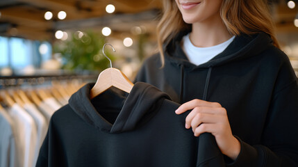 Close-up lifestyle shot of a young womanâs hands separating hangers to reveal a hoodie, smooth cotton texture, modern clothing store blurred in background, sensory shopping moment,