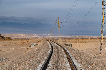 Railway in the Issyk-Kul region of Kyrgyzstan. Railroad travel.