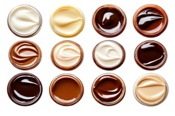 Creamy swirls in jars, various colors, viewed from above
