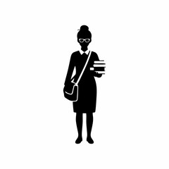 Smart Female Student or Teacher with Glasses and Bun Carrying Books Silhouette Vector