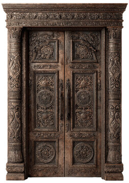 Ornate Wooden Double Door with Carvings and Columns