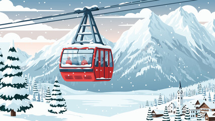Red ski lift cabin traveling over a snowy village and mountains, vector illustration © PDWN Creative