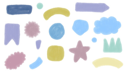 Pastel Watercolor Shape Collection: Assorted hand-drawn elements in blue, green, yellow, and purple. Isolated on White background for decoration, transparent image.