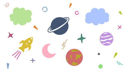 Playful space illustration with planets, rocket, moon and clouds on white background for children's design, transparent vector file.