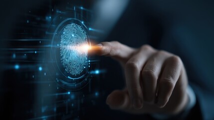 Close-Up of Finger Touching Digital Fingerprint Authentication Technology on Touchscreen Interface