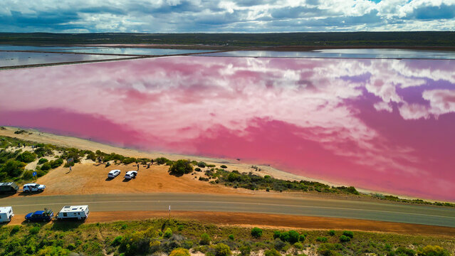 Aerial view of Hutt Lagoon, the stunning pink lake in Port Gregory, Western Australia