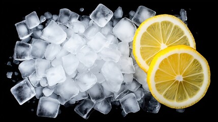 Chilled ice cubes with fresh lemon slices on black background