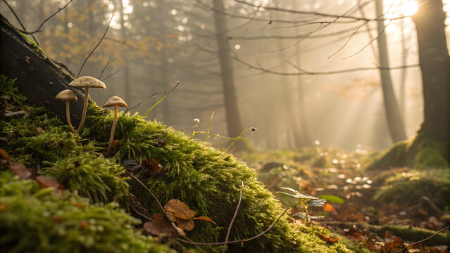 Forest Floor Macro: Mushrooms on Mossy Log with Sunbeams and Fog