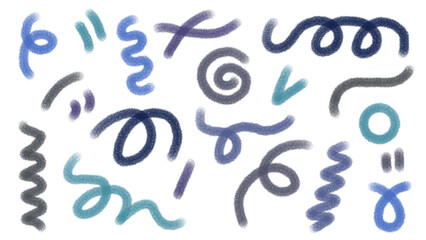 Transparent Background with Decorative Abstract Line Swirls and Shapes in Various Blue Tones, Hand Drawn Style, Graphic Elements, Illustration