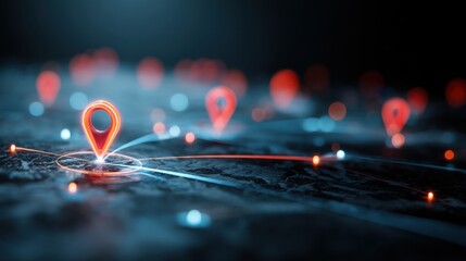 Glowing Map Pins Connected with Technology, Representing Global Networking and Digital Communication Concepts