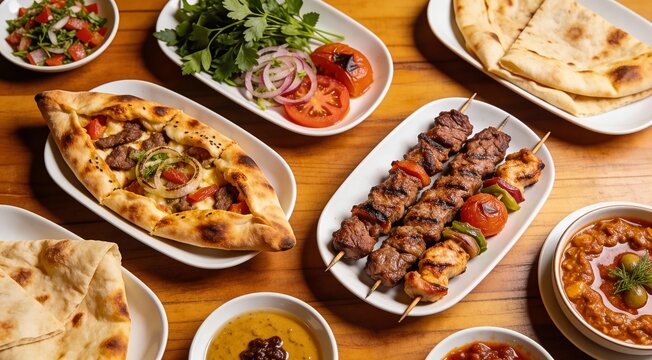 Tekirdag regional Turkish dishes arranged on wooden backdrop