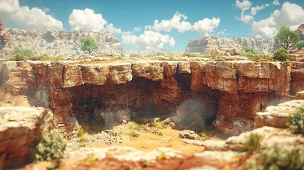Arid canyon landscape with steep cliffs, a large cave, and clear blue sky