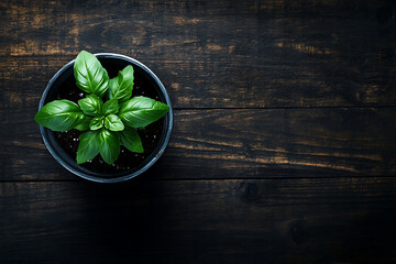Fresh Green Basil Plant in a Pot on a Dark Rustic Wooden Table, Overhead View of Young Basil Herb Growing in Soil with Copy Space