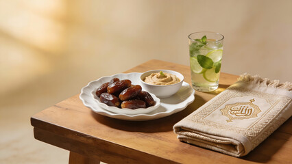 Minimal Iftar Table Scene with Dates and Drink on Wooden Table