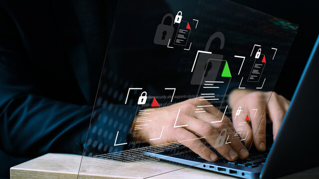 Cybersecurity and digital data protection in an interactive laptop interface, cyber defense, vulnerability detection, system encryption, and network security with file icons and binary code - Powered by Adobe
