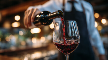 Macro close-up of red wine being poured into a glass, sommelierâs fingers elegantly holding the bottle, swirling motion visible in the wine, soft warm lighting creating cozy reflec