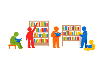People reading books in a library, digital illustration