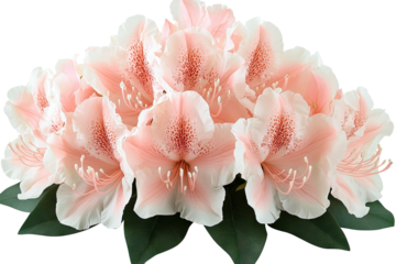 Pink rhododendron cluster with speckled centers and green leaves