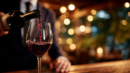 Close-up of sommelier hand tilting bottle over glass, red wine catching warm light as it flows, fine droplets suspended mid-air, wooden table surface and soft ambient restaurant li