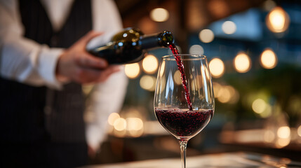 Close-up of wine pouring action, rich garnet wine hitting glass with small splash, sommelierâs hand and sleeve partially visible, warm glow from pendant lights, soft shadows on tab