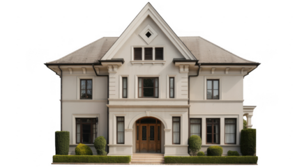 Large white house with gray roof and trimmed bushes isolated on a transparent background