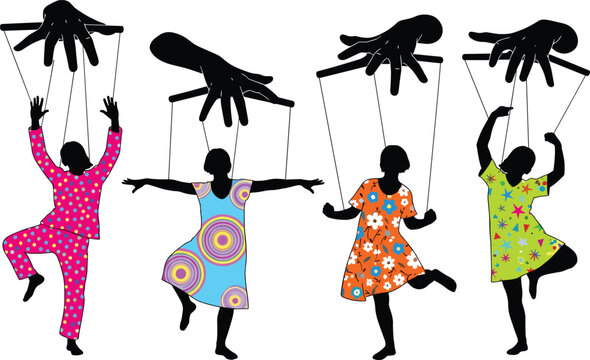Silhouettes of Young Girls in Colorful Patterned Dresses Controlled by Giant Puppet Master Hands Representing Manipulation Control and Social Influence Concepts
