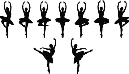 Fototapeta premium Based on your vector illustration featuring a graceful collection of ballerina silhouettes in various classical ballet poses, here is the SEO-optimized content.