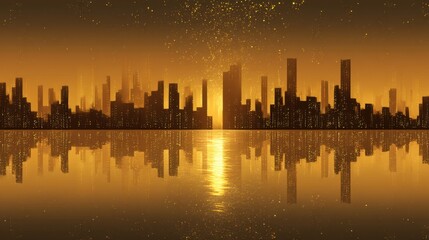 Stunning City Skyline at Sunset with Glowing Reflection in Shimmering Water
