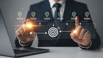 A businessman's finger touches a digital icon on a virtual screen interface, representing a global social network and future communication technology concept