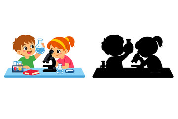 Children conducting science experiment with microscope and flask