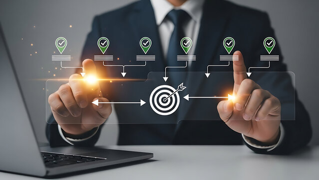 A businessman's finger touches a digital icon on a virtual screen interface, representing a global social network and future communication technology concept - Powered by Adobe