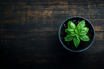 Fresh Green Basil Plant in a Pot on a Dark Rustic Wooden Table, Overhead View of Young Basil Herb Growing in Soil with Copy Space