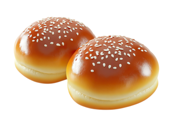 Two glossy sesame-seeded burger buns on a dark background